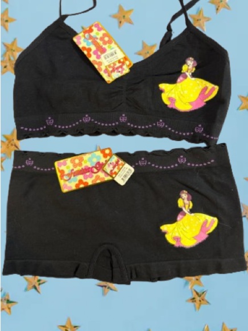 Femina Girls' Black Princess Print Bralette & Boyshort Set Size L(12-14)